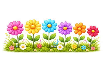 Colorful Cartoon Flowers In A Green Grass Meadow