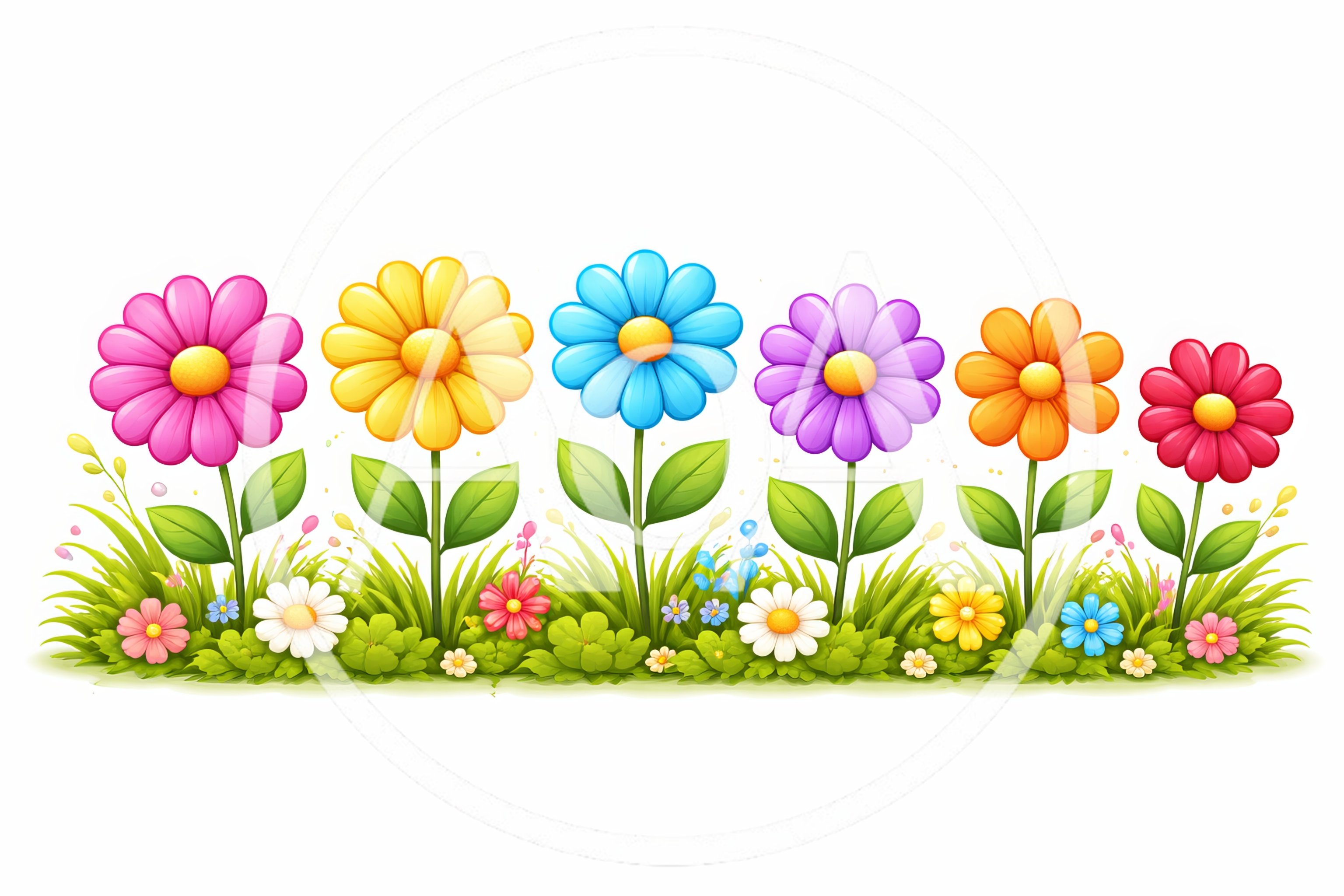 Colorful Cartoon Flowers In A Green Grass Meadow
