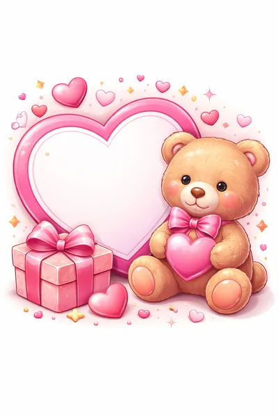 Cute Teddy Bear With Gift Box And Heart Frame