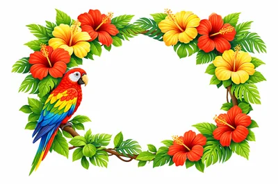 Tropical Parrot Perched on Hibiscus Flower Wreath