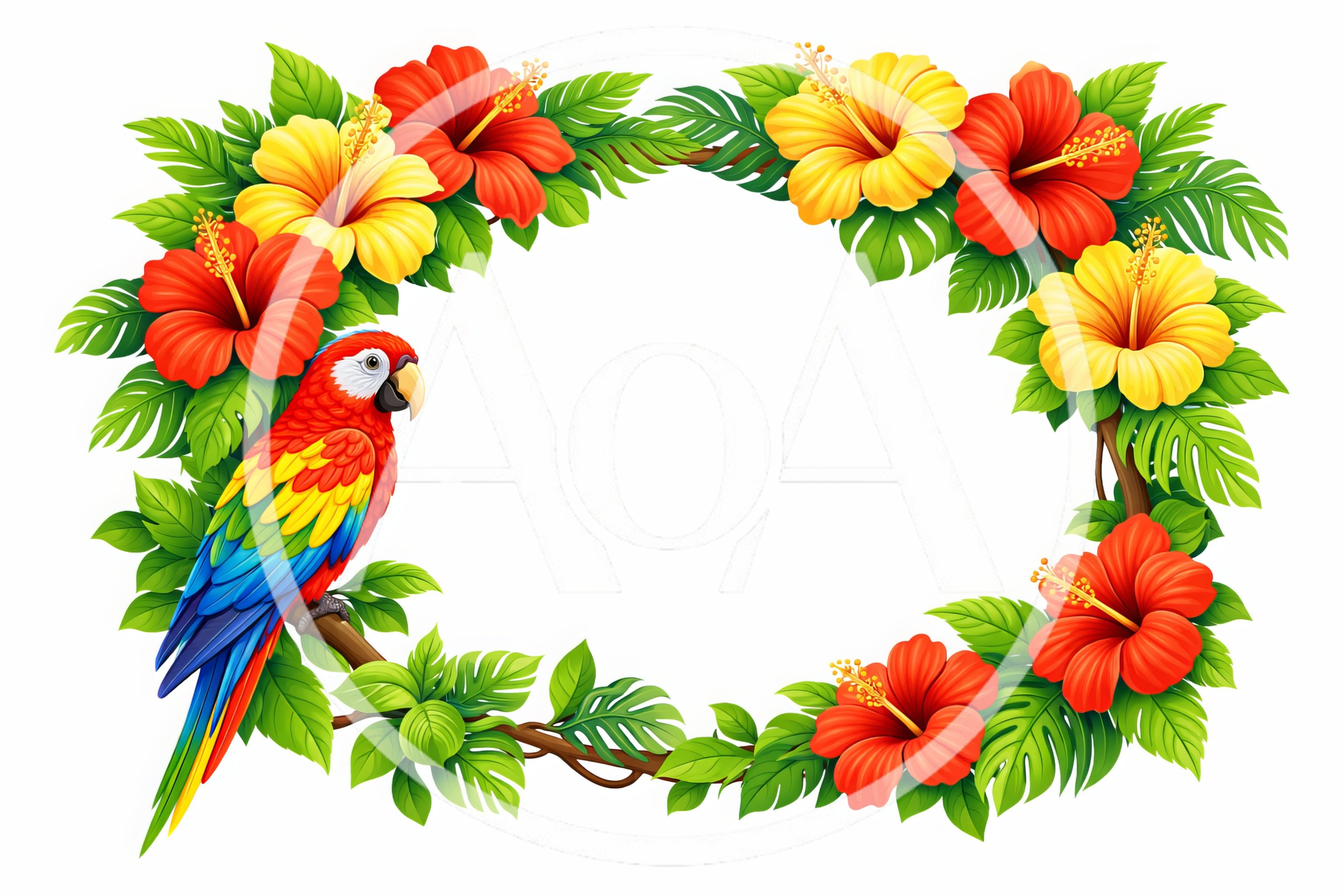 Tropical Parrot Perched on Hibiscus Flower Wreath