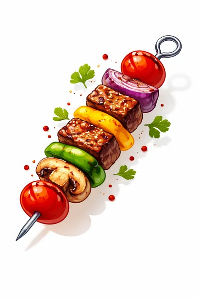 Grilled Meat And Vegetable Skewer On White Background