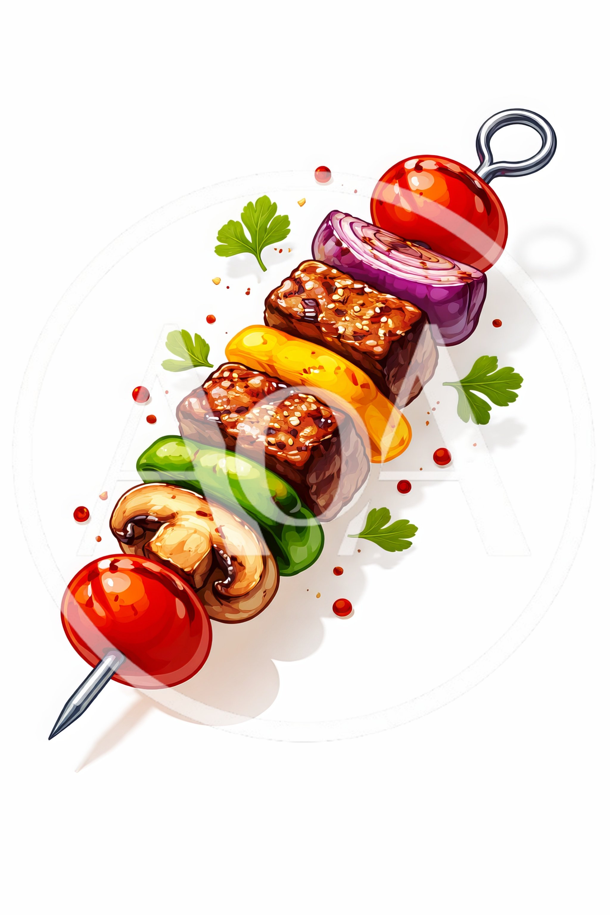 Grilled Meat And Vegetable Skewer On White Background