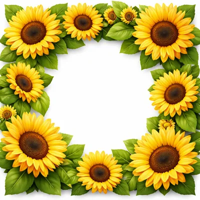 Sunflower Floral Frame Border With Green Leaves
