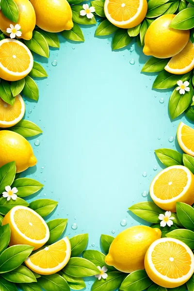 Fresh Lemons and White Flowers Border on Blue Background