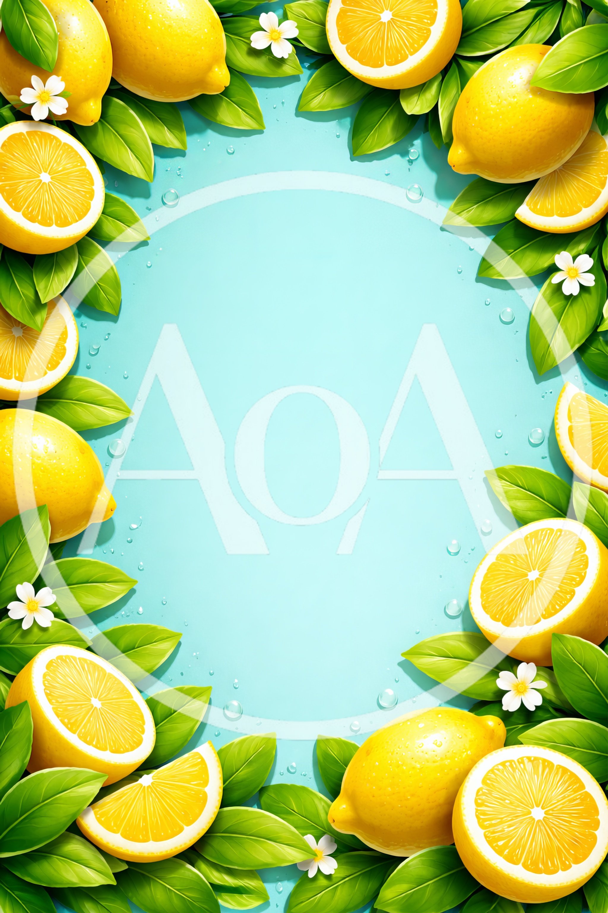 Fresh Lemons and White Flowers Border on Blue Background