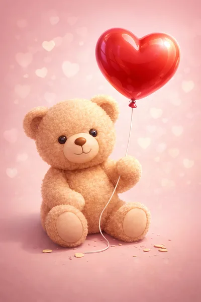 Cute Teddy Bear Holding A Red Heart Balloon