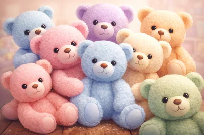 Group Of Colorful Plush Teddy Bears Sitting Together