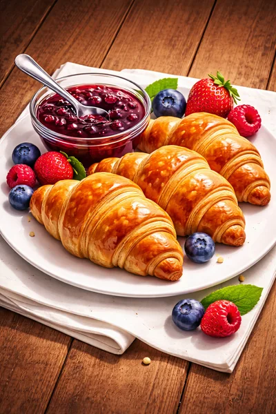 Fresh Croissants With Berry Jam And Fresh Fruit