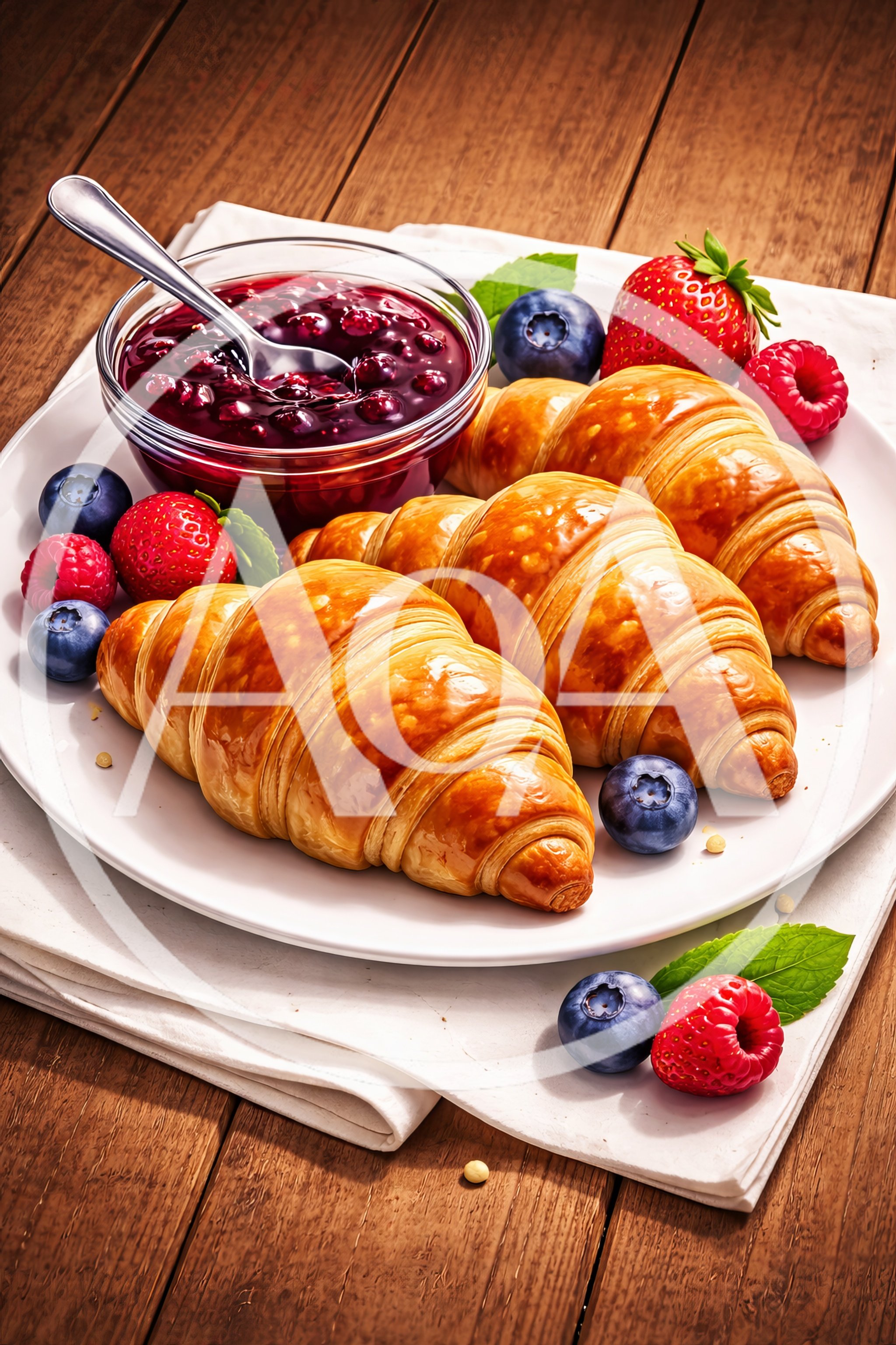 Fresh Croissants With Berry Jam And Fresh Fruit