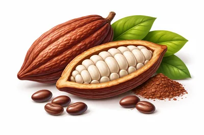 Fresh Cacao Pods With Cocoa Beans And Powder