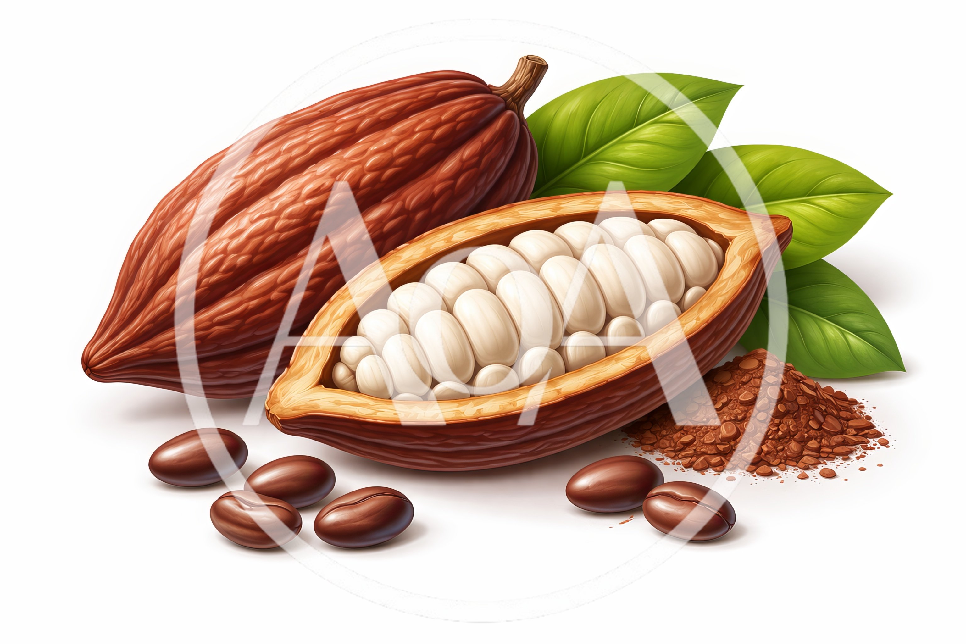 Fresh Cacao Pods With Cocoa Beans And Powder