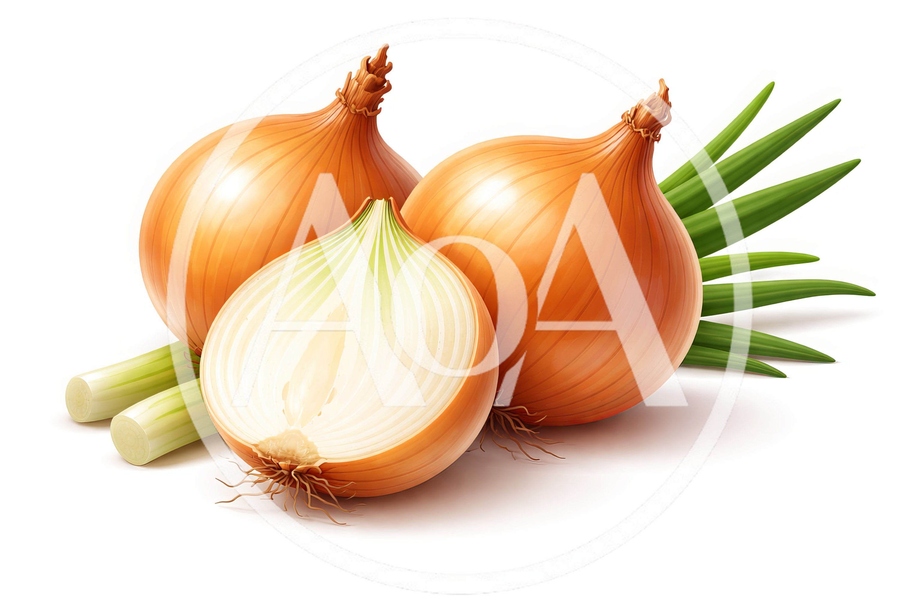 Fresh Whole And Halved Yellow Onions With Green Stalks