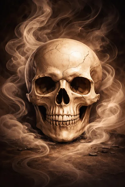 Human Skull Surrounded By Swirling Smoke