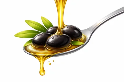 Olive Oil Pouring Over Black Olives On A Spoon