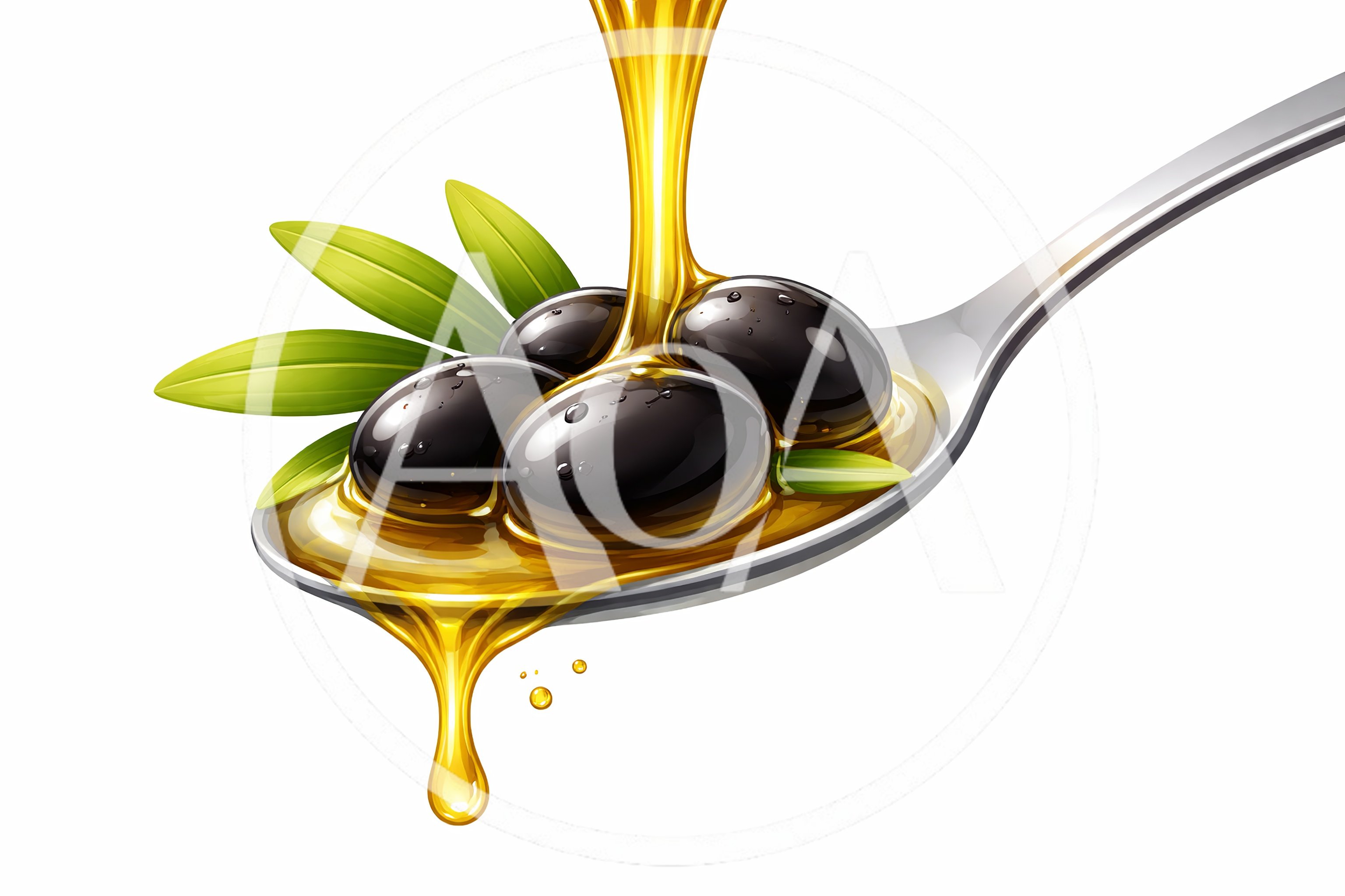 Olive Oil Pouring Over Black Olives On A Spoon
