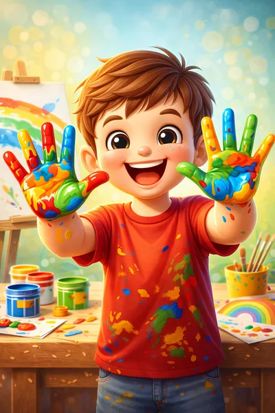 Happy Young Boy Playing With Colorful Finger Paints