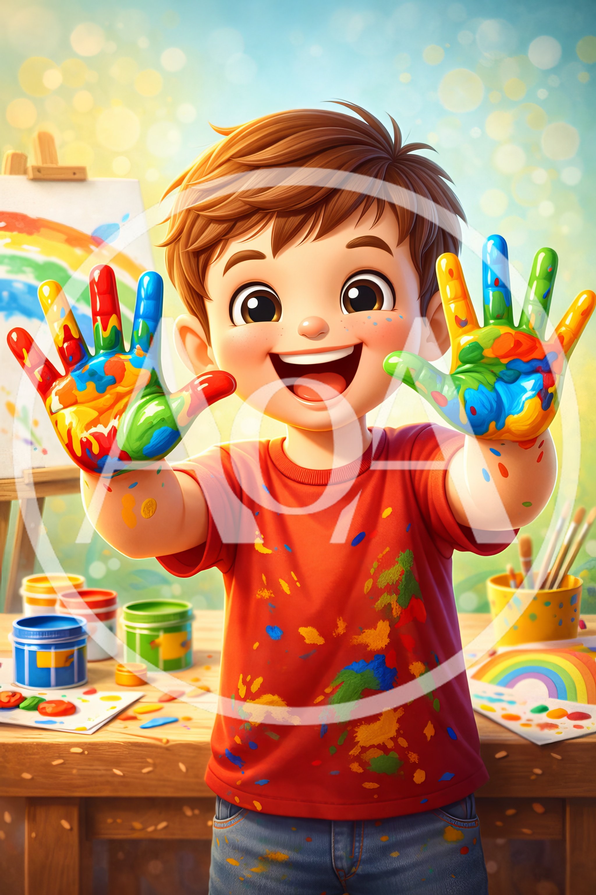Happy Young Boy Playing With Colorful Finger Paints