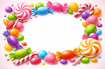 Colorful Assorted Candy Border Frame on White Background