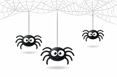 Three Cute Cartoon Spiders Hanging From A Web