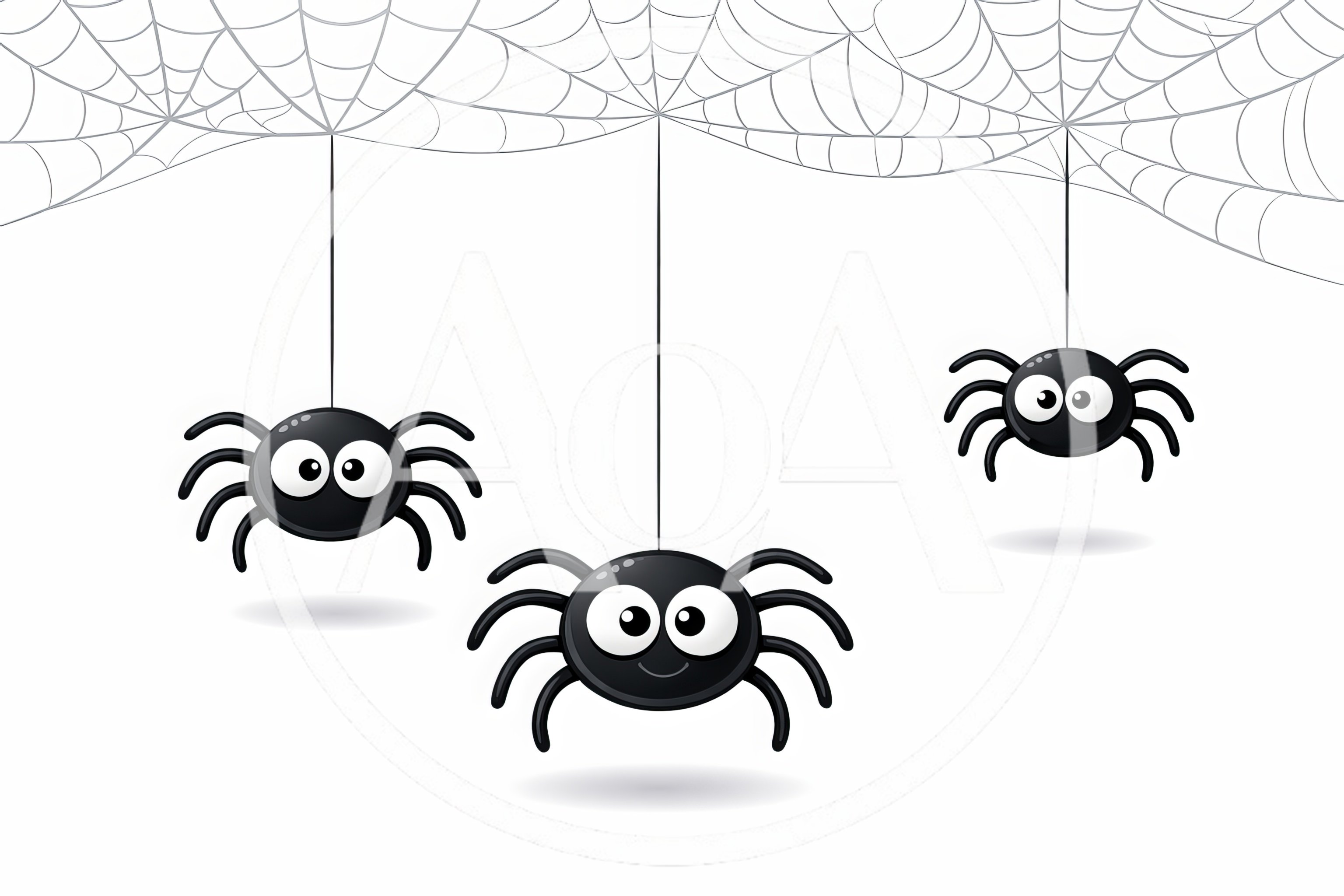 Three Cute Cartoon Spiders Hanging From A Web