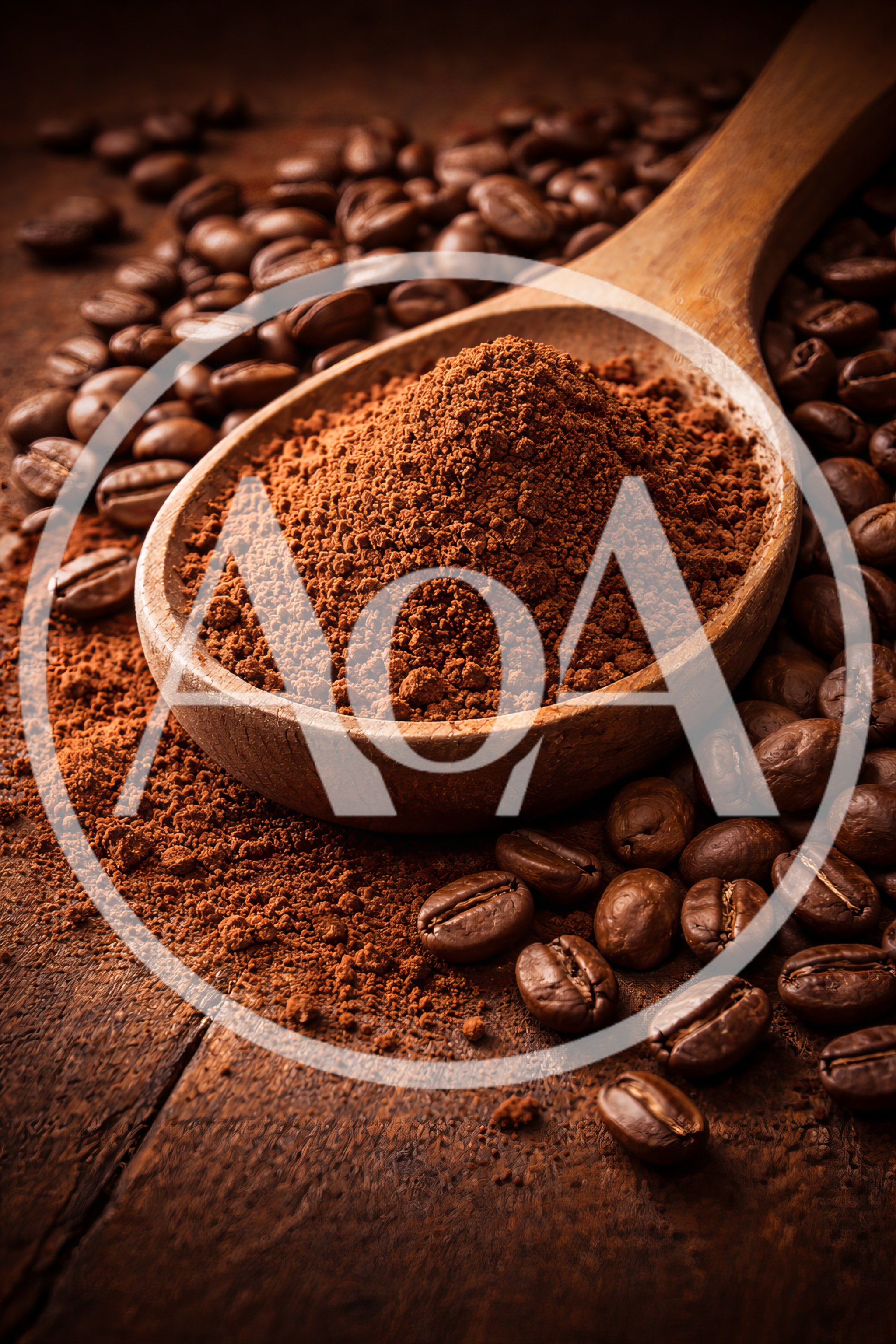 Wooden Spoon Filled With Ground Coffee And Roasted Beans