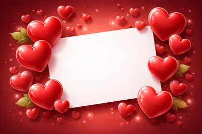 Blank White Card Surrounded By Glossy Red Hearts