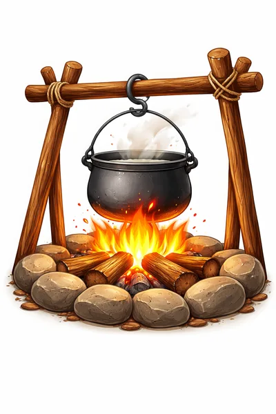 Cast Iron Cauldron Hanging Over A Campfire