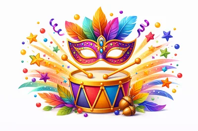 Festive Carnival Mask And Drum With Colorful Feathers