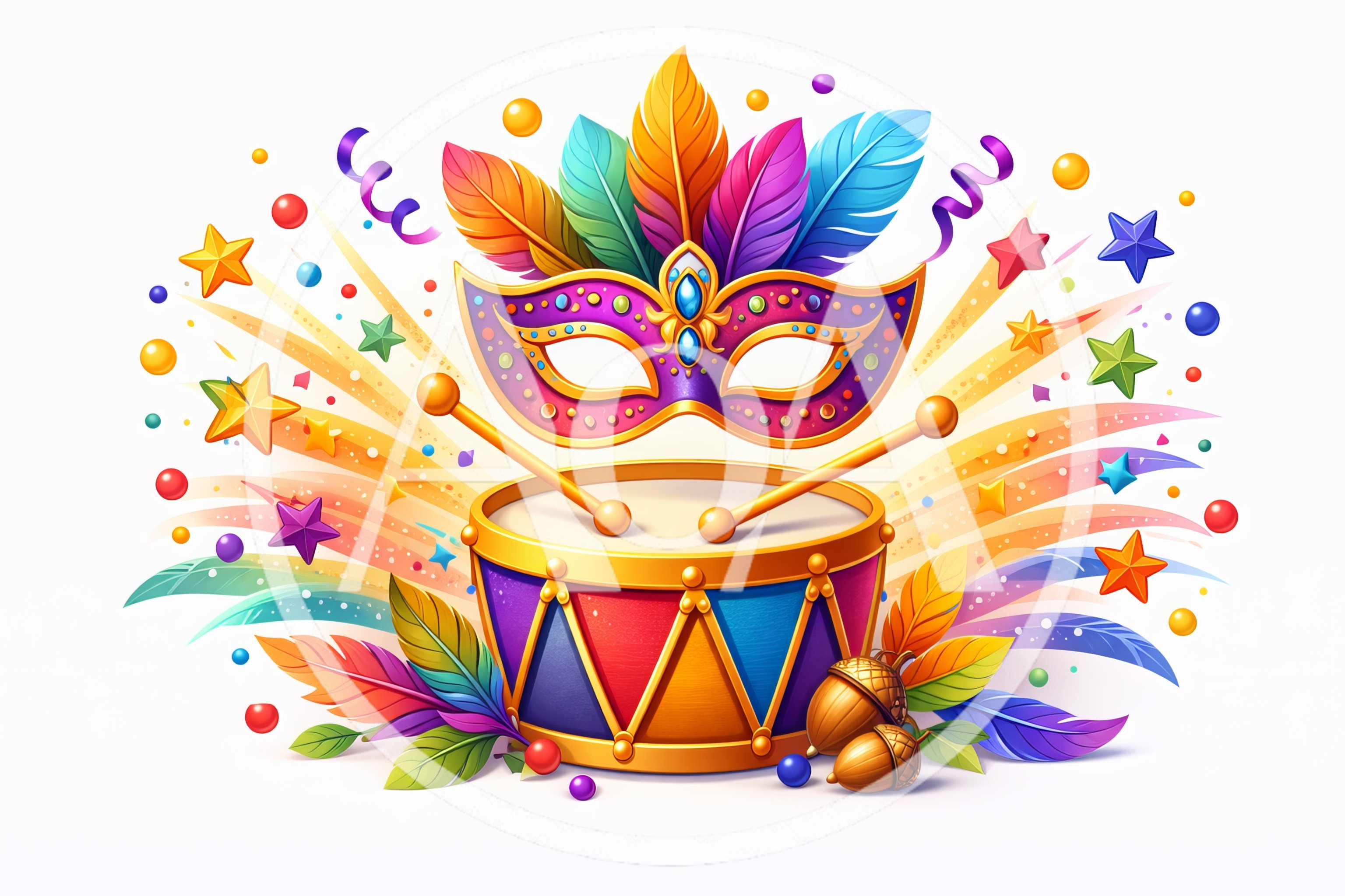 Festive Carnival Mask And Drum With Colorful Feathers