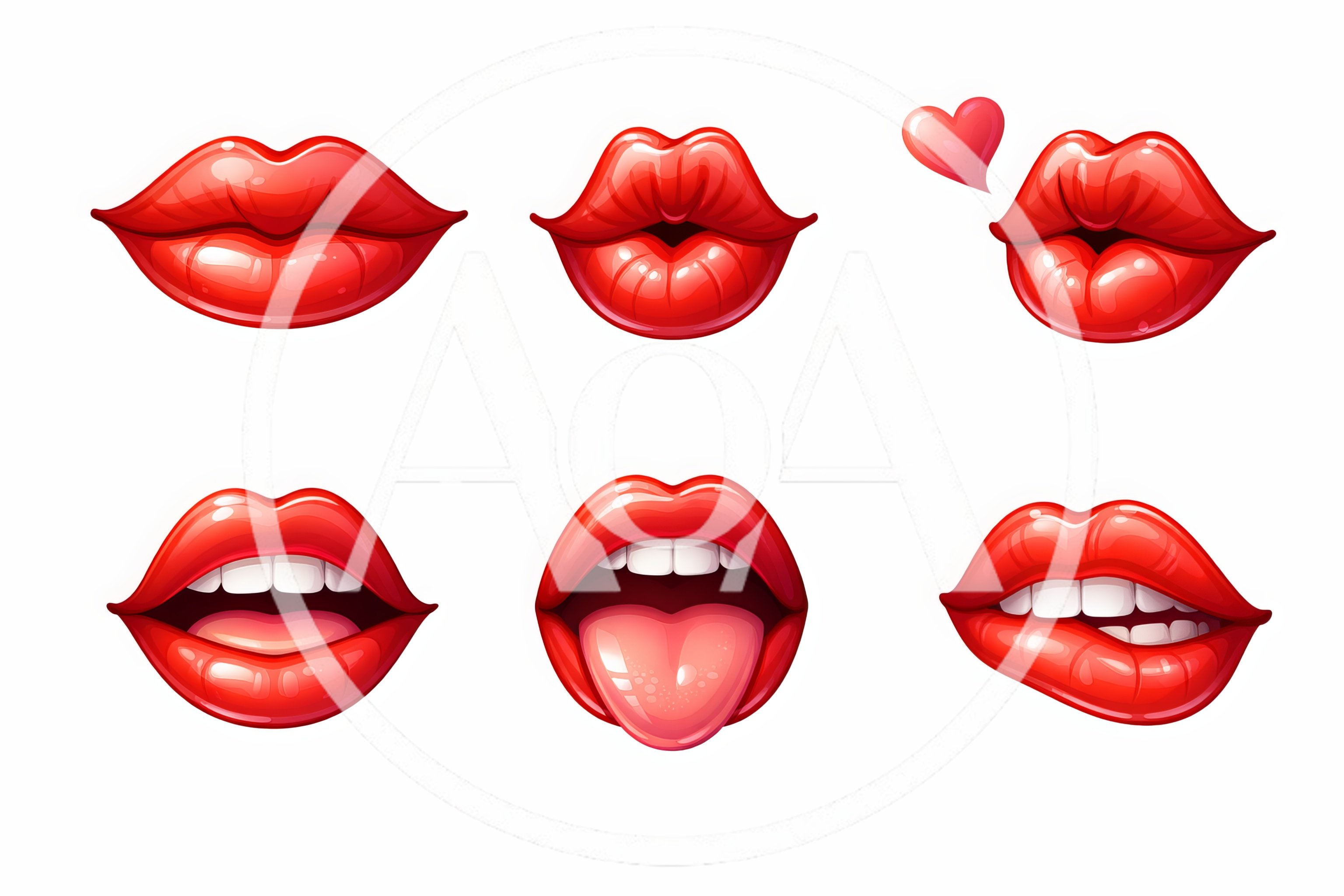 Set of Glossy Red Lips Expressions