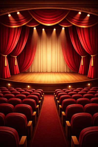 Empty Theater Stage With Red Curtains And Seating