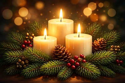 Three Lit Christmas Candles With Pine Cones And Berries