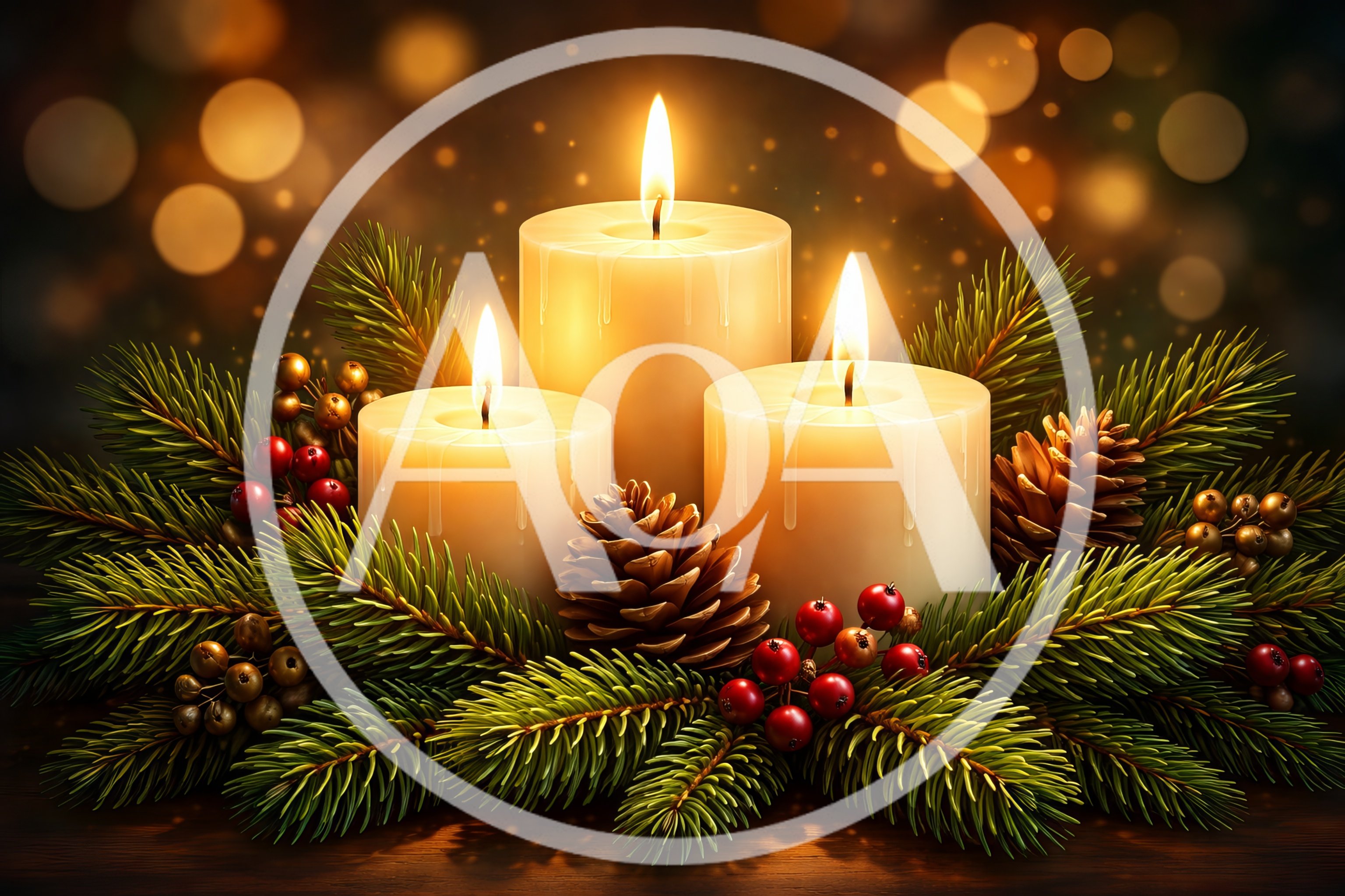Three Lit Christmas Candles With Pine Cones And Berries