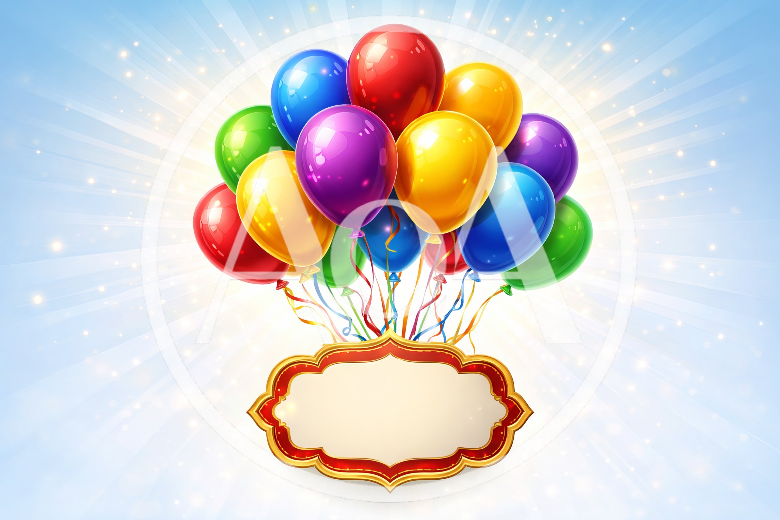 Colorful Balloons Floating Above Decorative Blank Sign