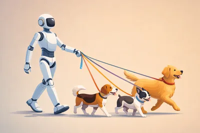 Futuristic Robot Walking Three Dogs On Leashes