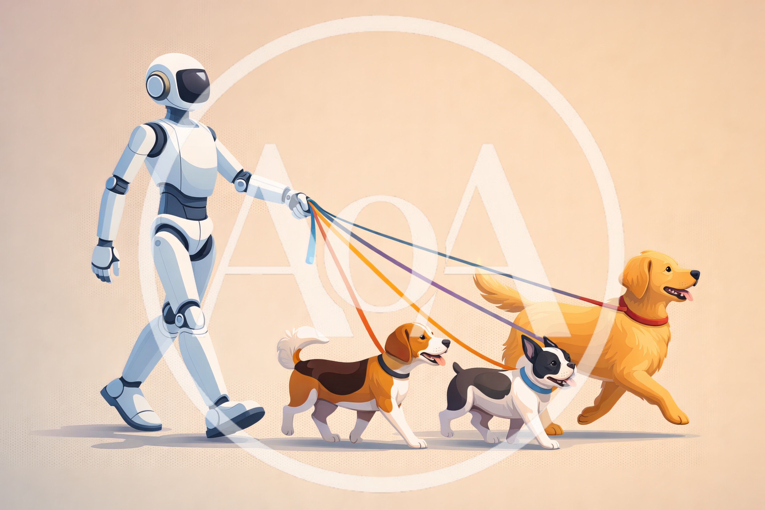 Futuristic Robot Walking Three Dogs On Leashes