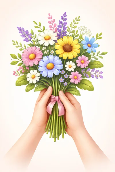 Hands Holding A Colorful Bouquet Of Spring Flowers