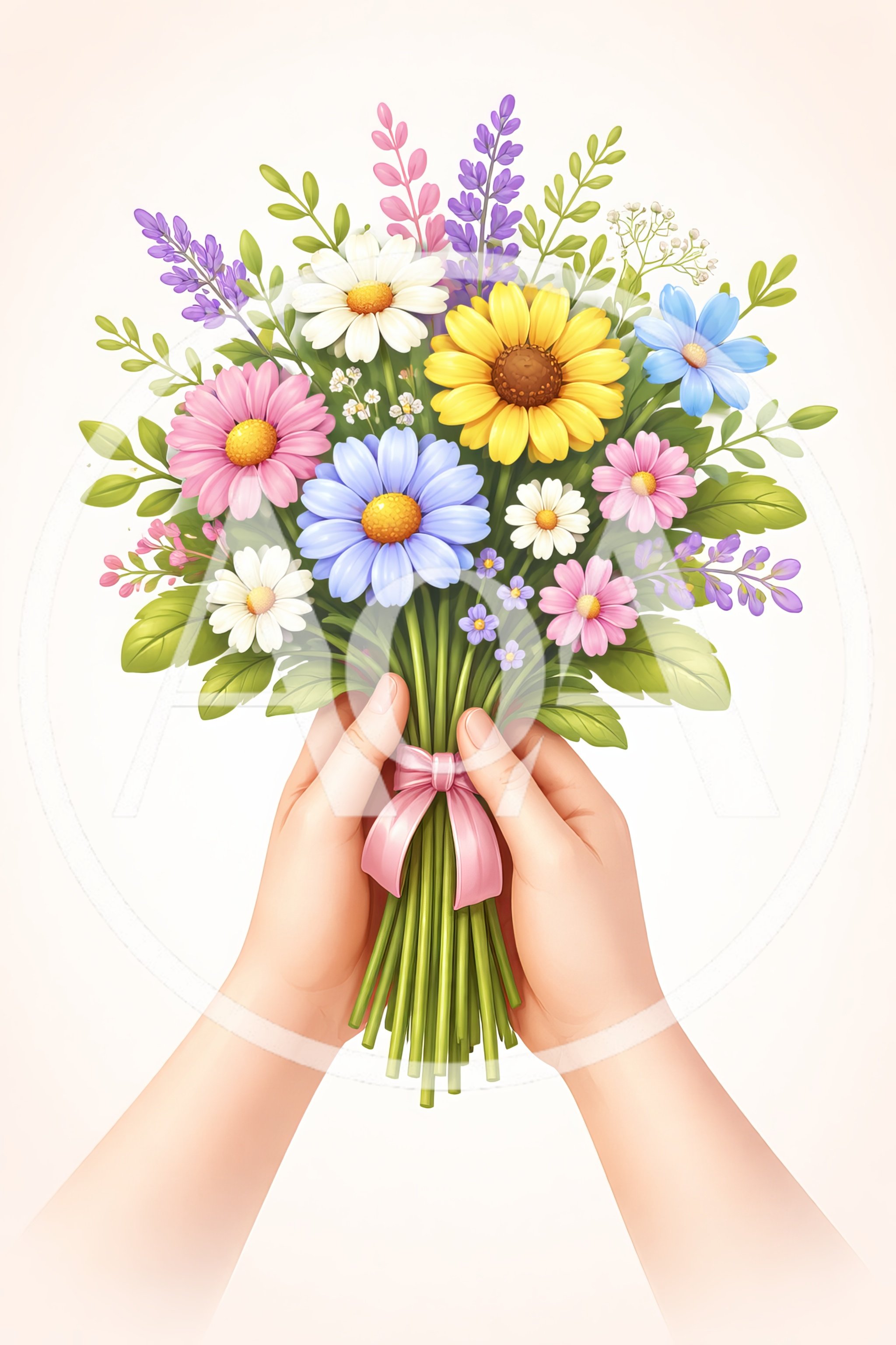 Hands Holding A Colorful Bouquet Of Spring Flowers