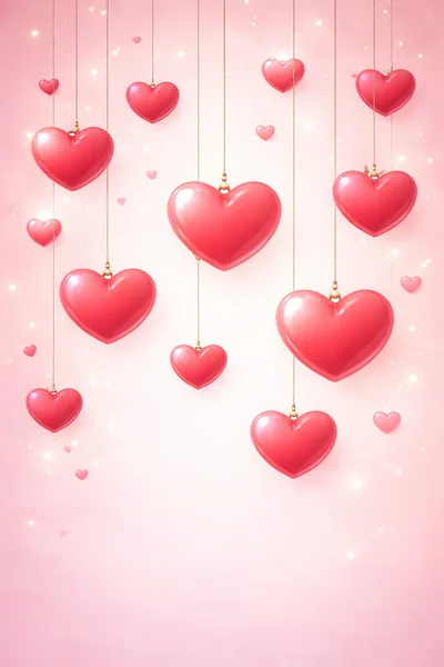 Hanging Glossy Red Hearts on Pink Background