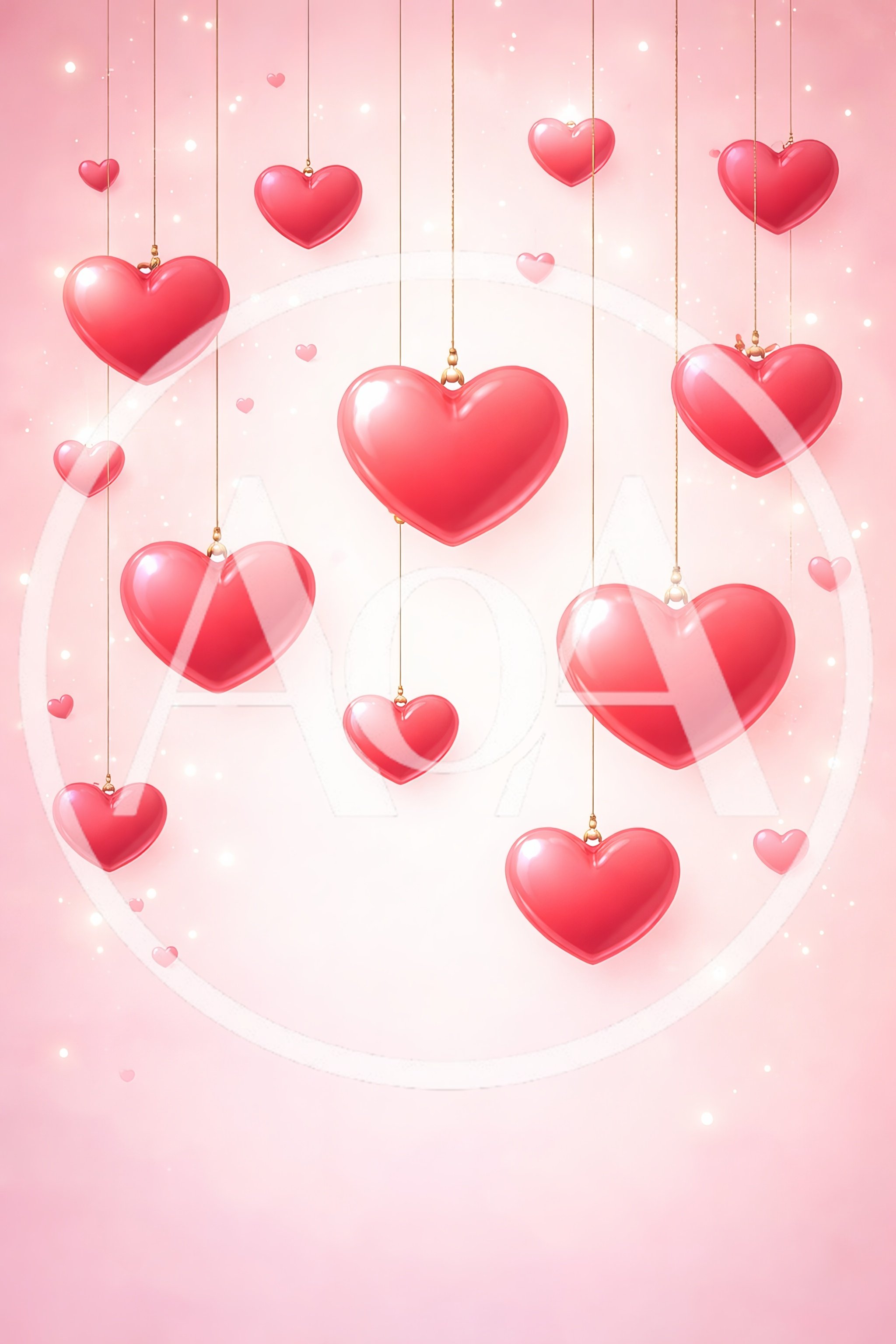 Hanging Glossy Red Hearts on Pink Background