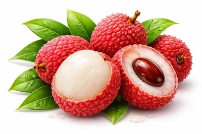 Fresh Lychee Fruits With Green Leaves