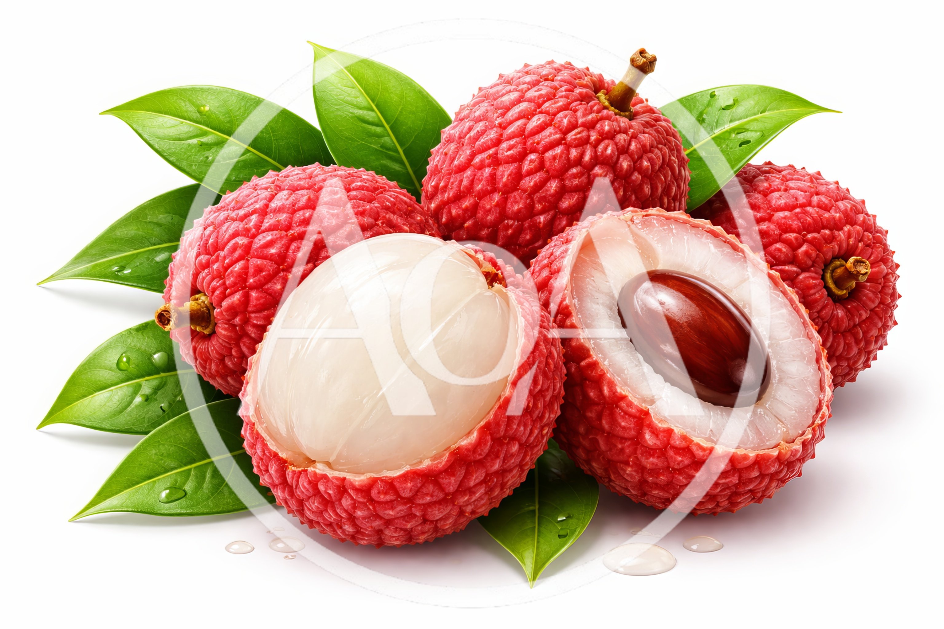 Fresh Lychee Fruits With Green Leaves
