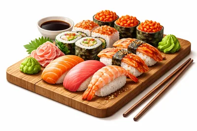 Assorted Sushi Platter On A Wooden Serving Board