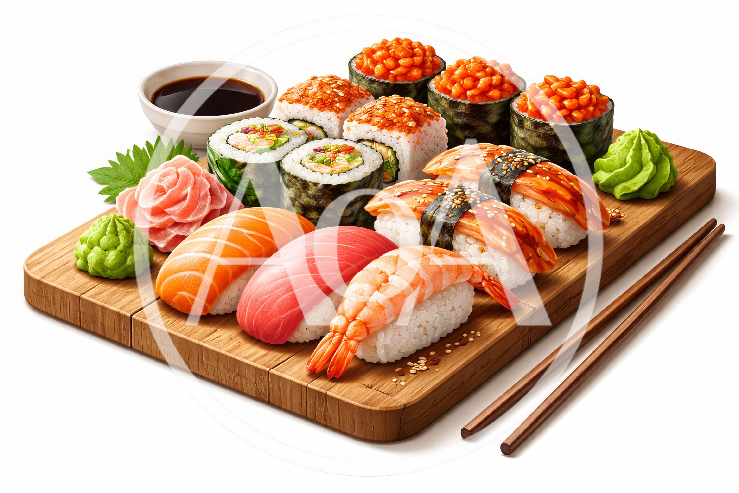 Assorted Sushi Platter On A Wooden Serving Board
