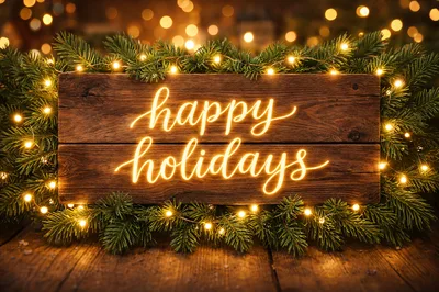 Happy Holidays Neon Sign on Rustic Wooden Planks