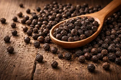 Wooden Spoon Filled With Whole Black Peppercorns
