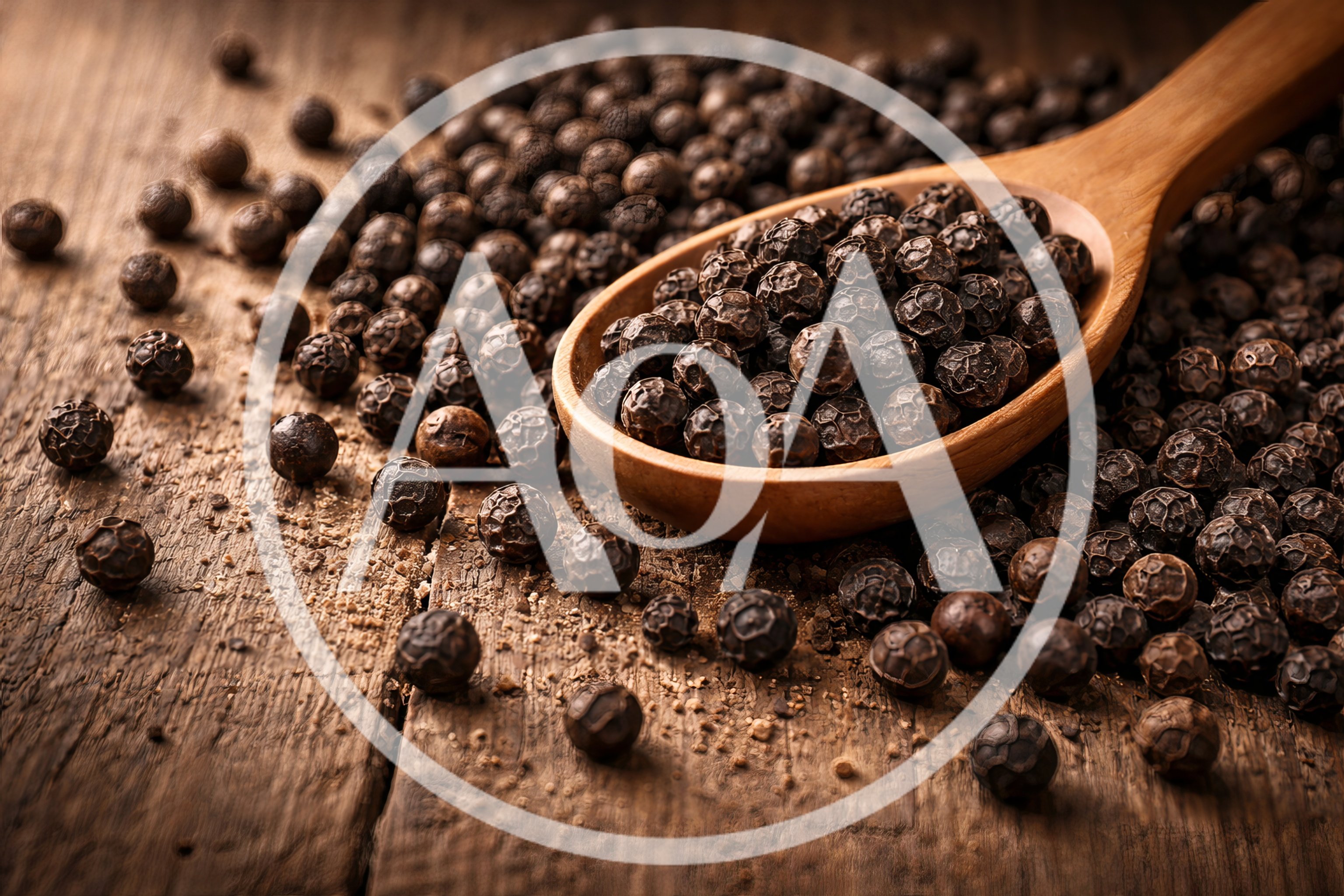 Wooden Spoon Filled With Whole Black Peppercorns