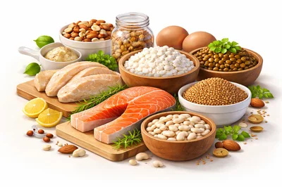 Assorted High Protein Foods On Wooden Boards