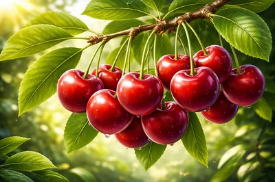 Fresh Red Cherries Hanging From A Tree Branch